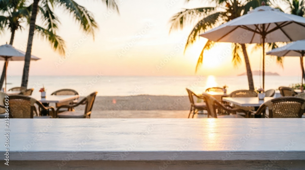 Obraz premium Beachside Restaurant Tables at Sunset for Web Design