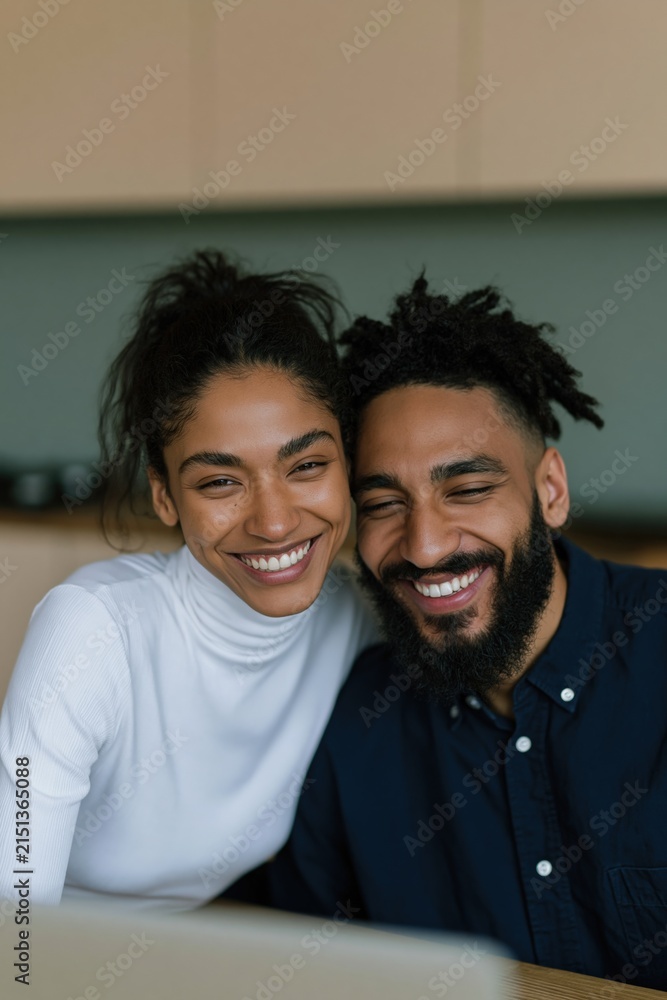 Obraz premium Happy smiling couple portrait at home for lifestyle banner and friendly background expressing warmth and closeness for online content and advertising