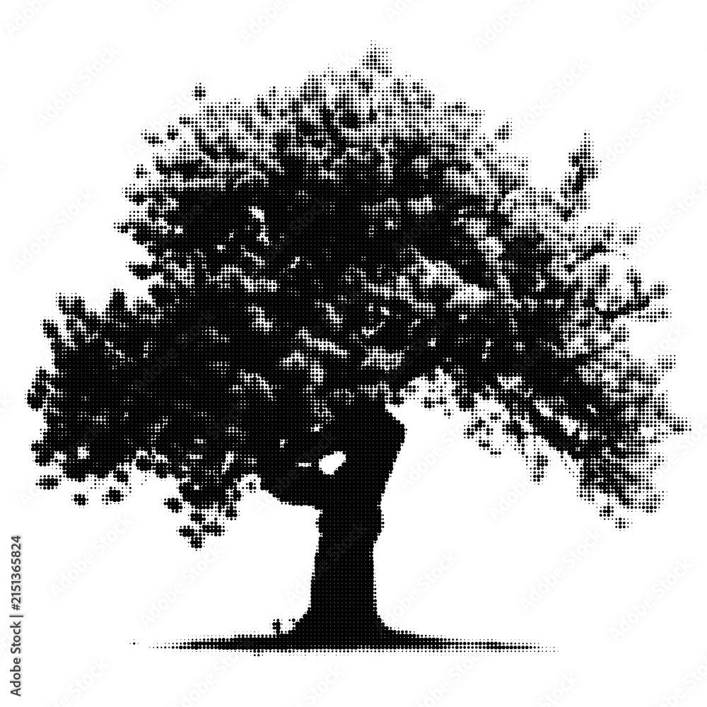 Fototapeta premium Black and white tree silhouette with roots and branches illustration