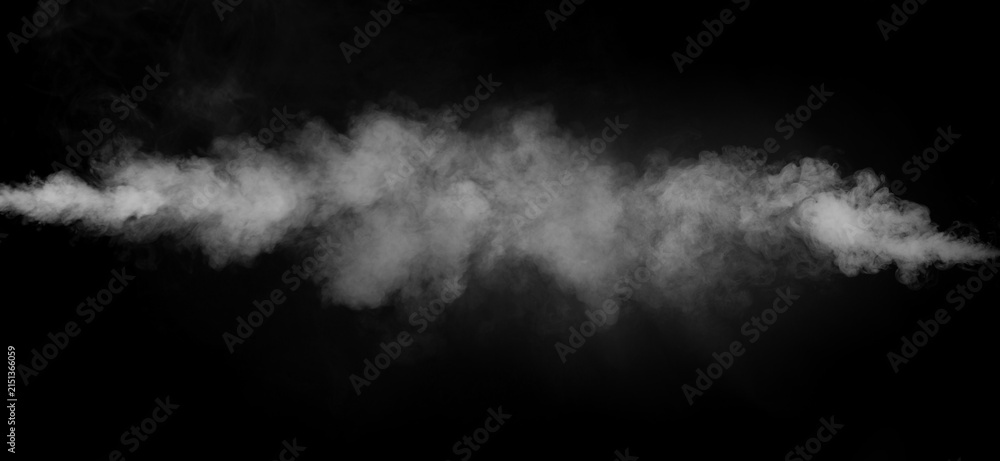 Fototapeta premium Panoramic view of the abstract fog. White cloudiness, mist or smog moves on black background. Beautiful swirling gray smoke. Mockup for your logo. Wide angle horizontal wallpaper or web banner.