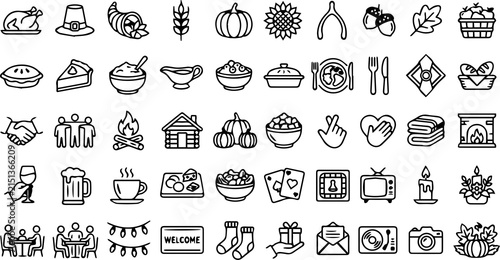 Thanksgiving Icons Set – Autumn, Harvest, Turkey, Pumpkin, Dinner, Celebration Line Vector Icons