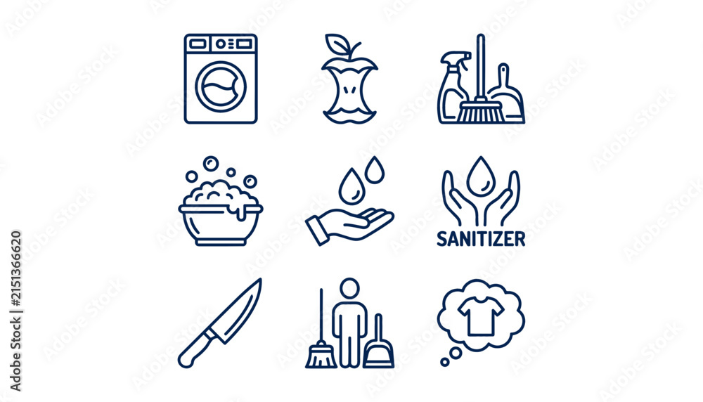 Fototapeta premium Home Cleaning and Personal Hygiene Line Icon Set with Washing Machine Sanitizer Broom and Waste Discard Symbols for Housekeeping Graphic Designs