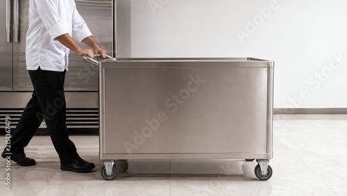 Chef pushing heavy duty stainless steel catering trolley in large commercial kitchen with commercial stainless catering