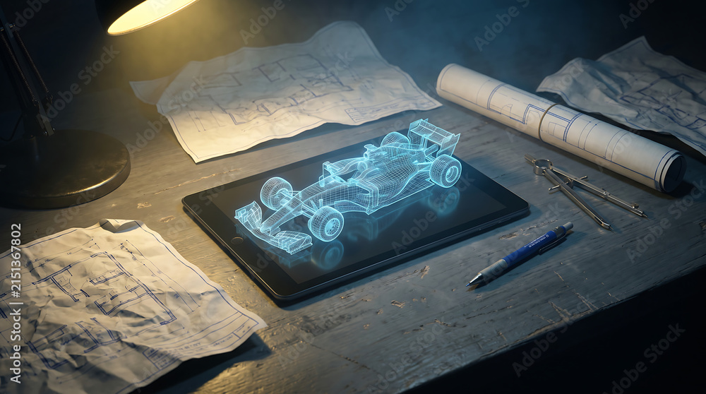 Obraz premium Holographic formula one race car projection displayed above a tablet surrounded by engineering blueprints and design tools