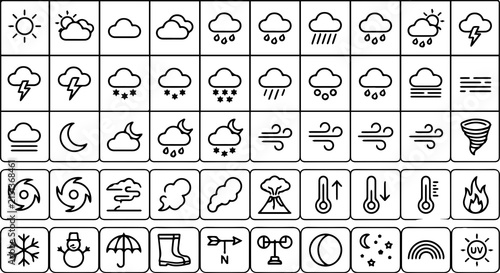 Weather & Climate Line Icons Set – Forecast, Temperature, Rain, Snow, Wind & Storm Outline Vector Icons