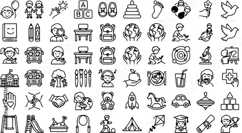 World Children & Education Line Icons Set – Kids, School, Learning, Play, Health & Childhood Outline Vector Icons