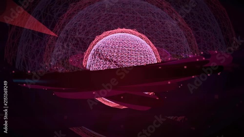 Abstract futuristic digital landscape with glowing pink geometric shapes and floating particles in dark space