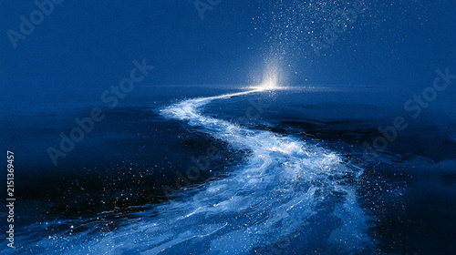 A glowing pathway of light winding through a dark blue, misty expanse. The light seems to emanate from a distant source, creating a sense of mystery and journey AI generative