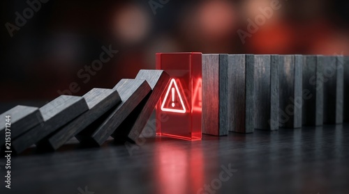 A row of dark wooden dominoes falling in a chain reaction and being stopped by a red block with a glowing warning sign icon on a dark wooden surface.