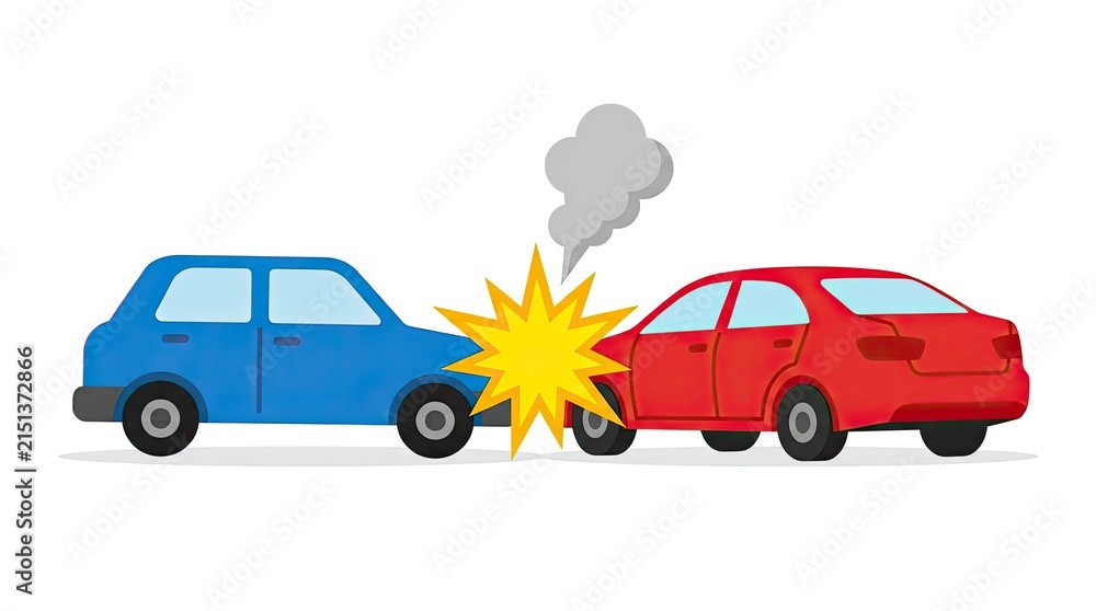 Obraz premium A cartoon style illustration of a blue car and a red car colliding in a head on traffic accident