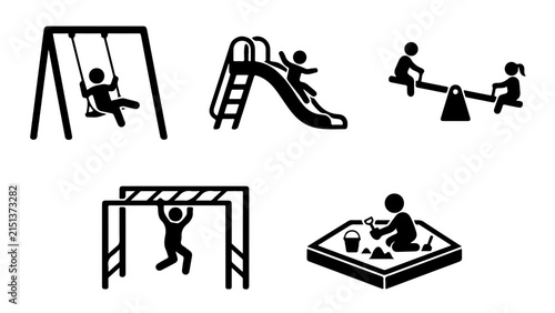 Five black-and-white icons of children playing on various playground equipment including swings, slides, and climbing structures.