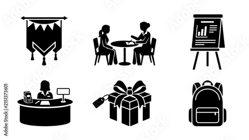 Minimalist black and white icons depicting modern office activities and gift presentation in a professional setting.