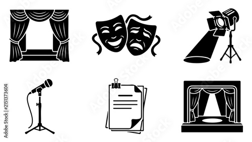 Black and white vector icons representing theatrical stage equipment and performance props on a neutral background.
