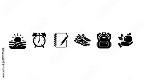 Minimalist black-and-white icons representing time management and productivity with alarm, clock, and task checklist designs.