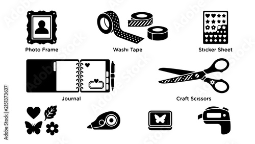 Isolated black silhouette icons of photo frame, washi tape, sticker sheet, scissors, and craft supplies arranged in a grid on white background.