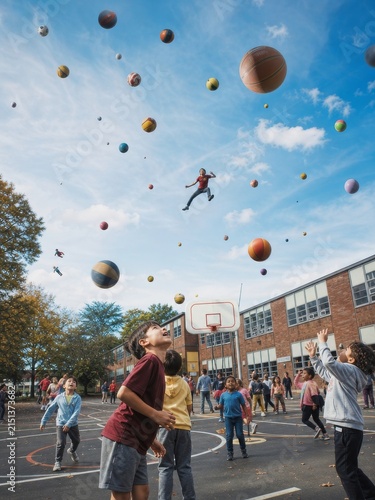Children playing with basketballs and balls on school playground under blue sky