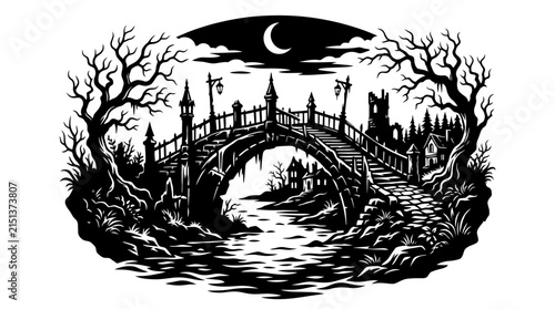 Stone bridge over water with gothic architecture black silhouette illustration