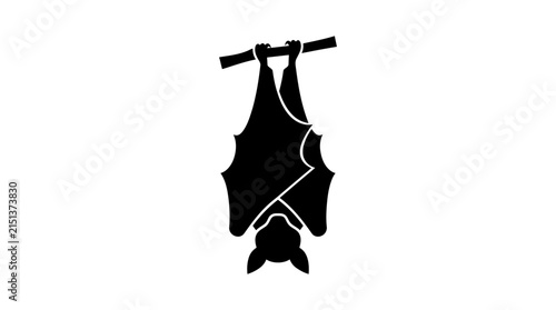 Black bat silhouette hanging upside down on a branch isolated on white