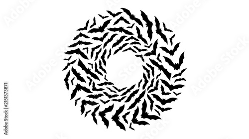 Circular wreath composed of black bat silhouettes against a white background