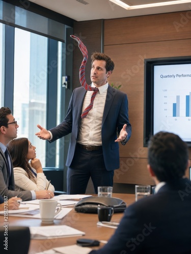 Business presentation in conference room with frustrated manager and attentive colleagues during quarterly meeting