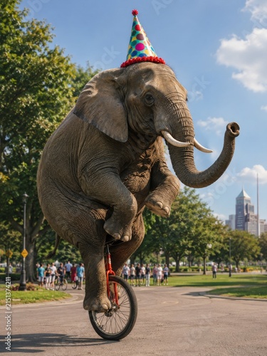 Elephant riding unicycle with party hat in city park crowd - playful circus celebration scene