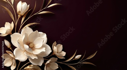 Cream magnolia flowers with delicate gold leaves and stems arranged on dark plum background.