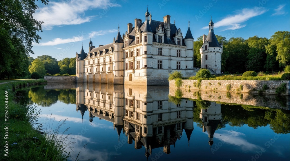 Obraz premium Historic Chenonceau chateau stands beside calm river in Loire valley France. Majestic white stone castle reflects on water surface during sunny summer day. Scenic landscape features green trees,