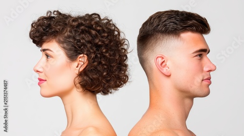 Profile view of a curly-haired woman and a short-haired man standing back to back against a plain white background.