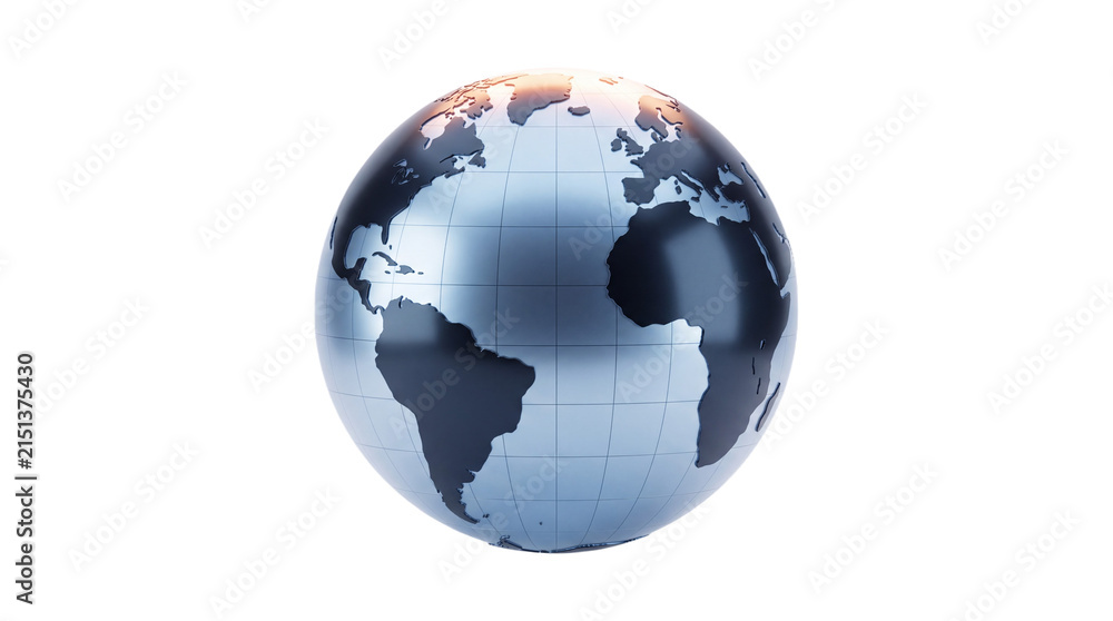 Fototapeta premium Blue 3D globe with world continents and latitude longitude grid, isolated on transparent background for global business, travel, science and environment