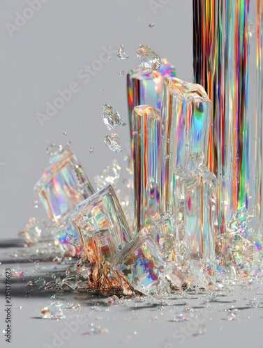 Abstract crystalline structures refract vibrant rainbow light in a dynamic composition