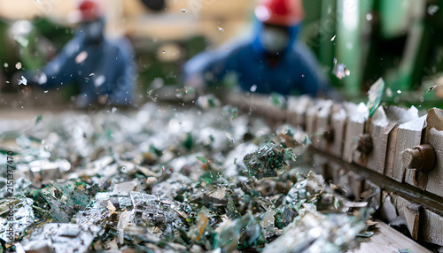 E-waste shredder blades tearing circuit boards in sharp focus and blurred recycling workers behind. Concept of electronics recycling.