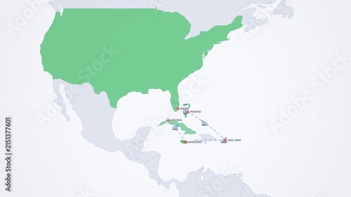 Caribbean Cruise Route on Light Map, Miami Nassau San Juan Kingston Havana Cruise Ship Animated Motion Graphics Seamless Loop, 4K