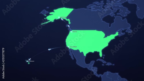 Alaska and Hawaii Flight Routes on Neon Map, Seattle Anchorage Los Angeles Honolulu Animated Motion Graphics Seamless Loop, 4K