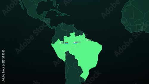 Amazon River Canoe Expedition on Dark Map, Belem Manaus Iquitos Animated Adventure Motion Graphics Seamless Loop, 4K