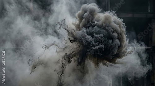 Thick black smoke cloud billowing and spreading in the dark air