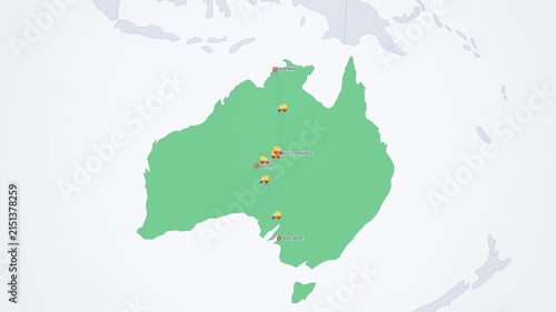 Australian Outback Road Train Route on Light Map, Adelaide Uluru Alice Springs Darwin Animated Motion Graphics Seamless Loop, 4K