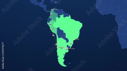 South America Shipping Ports on Corporate Map, Cartagena Lima Valparaiso Buenos Aires Santos Animated Motion Graphics Seamless Loop, 4K