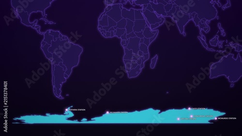Antarctica Research Stations on Cyber Map, McMurdo Vostok Concordia Rothera Animated Science Motion Graphics Seamless Loop, 4K