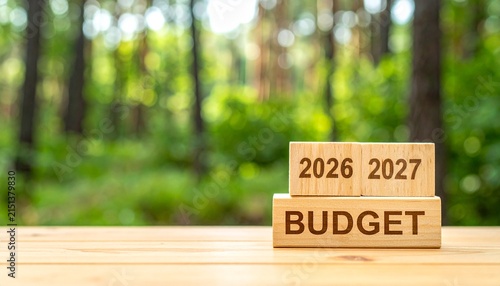 2026-2027 BUDGET Word on Wooden Blocks outdoors with Blurred Forest Background – Financial Transition, Two-Year Fiscal Planning, Sustainable Budgeting, and Economic Strategy Concept