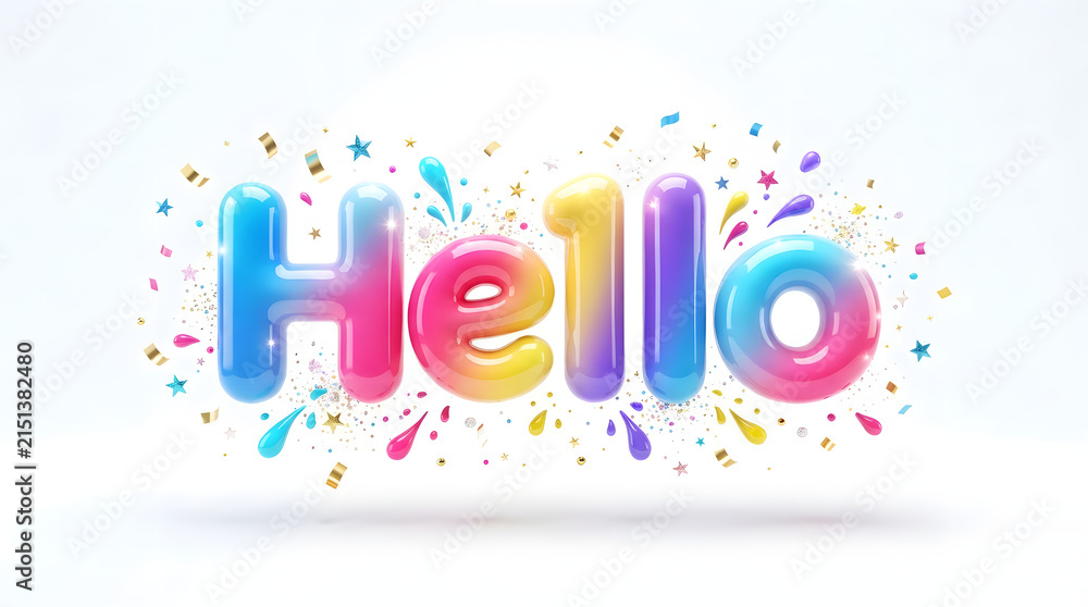 Fototapeta premium Colorful 3d hello text design with festive confetti elements isolated on a clean white background for greeting cards and social media
