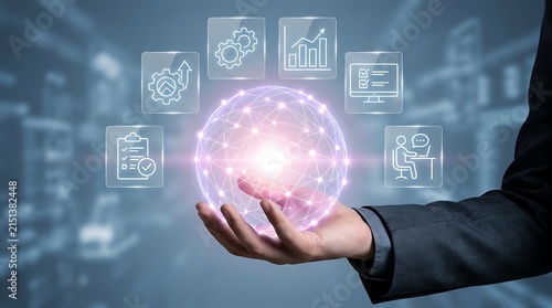 Digital transformation concept, business process automation, innovative technology solutions, global network connectivity, data management, and strategic planning for modern enterprises.