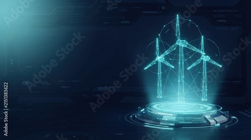 Digital illustration of three wind turbines displayed as a glowing hologram on a circular platform with network lines, viewed from below, studio lighting, futuristic mood