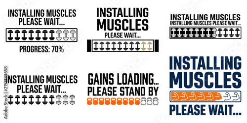 Bild auf Leinwand Fitness motivation vector set, installing muscles progress bar graphics, gym gai
