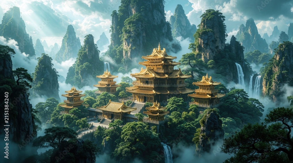 Naklejka premium Golden Chinese temple sits in high fantasy mountain landscape among green forests. Waterfalls flow down steep stone cliffs into clouds. Calm zen pagodas stand on misty hills. Ancient religious