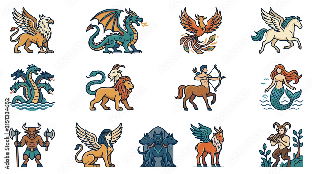 Obraz premium Pixel art set of mythological creatures and fantasy beasts icons, retro game assets and monster
