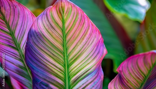 close up view of vibrant purple and green tropical leaves with detailed vein patterns botanical image showing colorful foliage natural texture and soft blurred garden background