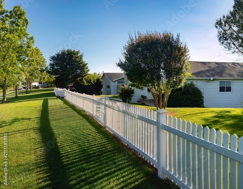 long white vinyl fence with decorative lattice top green grass yard mature trees casting shadows suburban homes sunny day