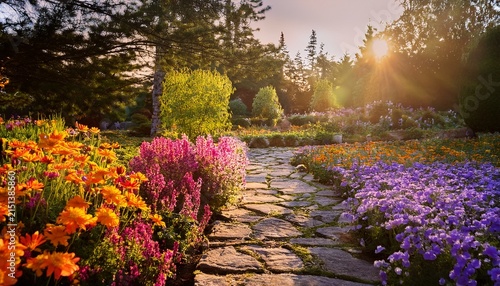 a vibrant garden garden filled with blooming pink orange yellow and purple flowers bathed in the warm golden light of the morning sun with delicate petals scattered along a mossy stone pathway ed