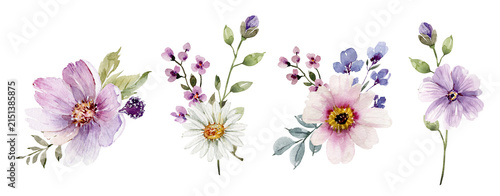 A set of watercolor lilac and pink flower bouquets. Hand-drawn botanical illustrations for cards and invitations.