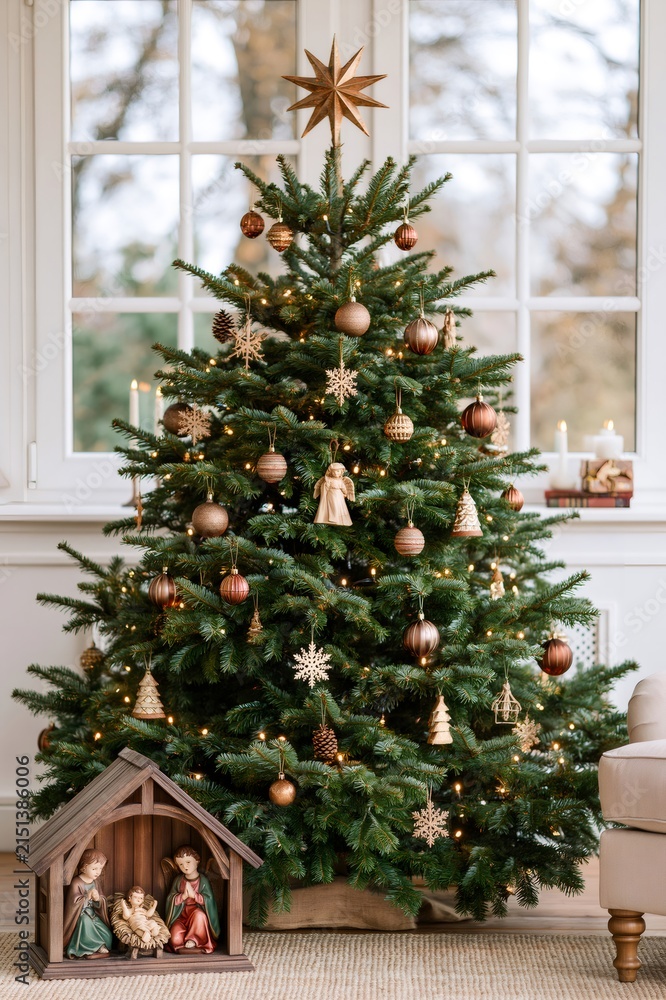 Obraz premium Christmas tree with nativity scene celebrating winter holidays